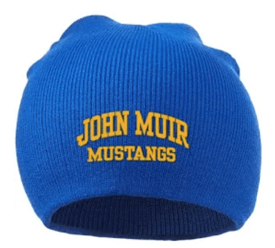 Blue John Muir Beanie with yellow embroidery